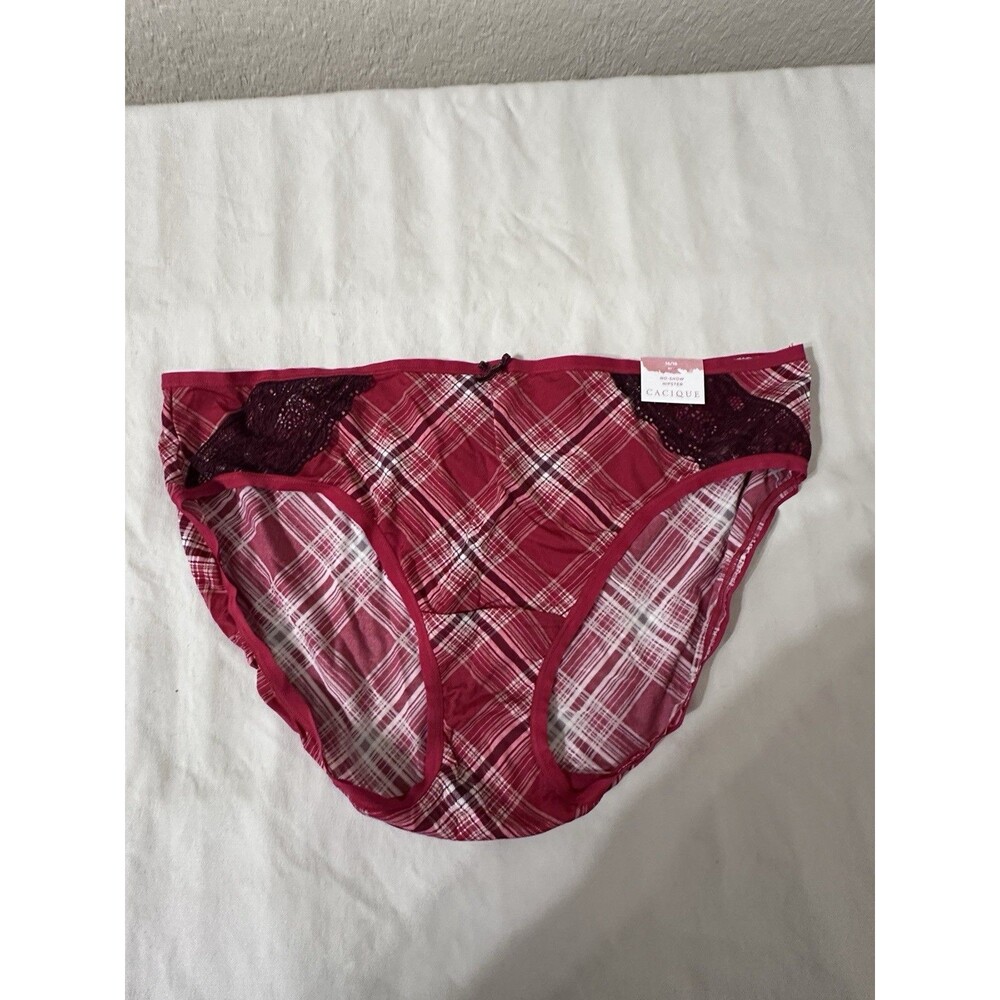 Cacique No-Show Hipster Plaid Lace Panties Red White Burgundy 14/16